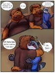 anthro blush border dialogue hug male male/male profanity text white_border malle_yeno linux hyena mammal procyonid raccoon absurd_res comic digital_drawing_(artwork) digital_media_(artwork) english_text hi_res