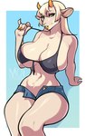 anthro belly_tuft big_breasts bikini bikini_top black_bikini_top blonde_hair bottomwear breast_squish breasts clothed clothing curvy_female female goat_ears green_eyes hair holding_bikini_top horizontal_pupils horn hotpants huge_breasts leaning leaning_backward leaning_on_hand looking_at_viewer partially_clothed pupils shorts skimpy smile solo squish swimwear tuft two-piece_swimsuit wide_hips moiyablochki_(artist) fiat elizabeth_(reptilian_orbit) animal_humanoid bovid bovid_humanoid caprine caprine_humanoid humanoid mammal mammal_humanoid absurd_res hi_res