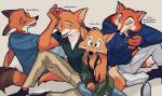 anthro black_nose clothed clothing fur group hat headgear headwear hoodie male open_clothing open_hoodie open_topwear shirt simple_background tank_top text topwear uochandayo disney pinocchio robin_hood_(disney) song_of_the_south zootopia "honest"_john_foulfellow br'er_fox nick_wilde robin_hood canid canine fox mammal red_fox true_fox 2018 english_text hi_res