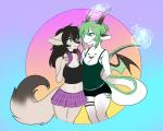 anthro black_hair bottomwear breasts clothed clothing collar duo female fluffy fluffy_tail fur furgonomics green_hair hair horn midriff multicolored_body multicolored_fur multicolored_hair purple_hair shirt shorts simple_background skirt smile tail tail_through_skirt tank_top topwear wings box-cat mythology kyoko_komurasaki vilosa canid canine canis dragon mammal mythological_creature mythological_scalie scalie wolf 2018 digital_media_(artwork)