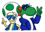 clothing eyewear fungus gesture green_body green_skin hand_gesture jacket male mushroom smile sunglasses topwear v_sign white_body white_skin metagaim mario_bros mario_party nintendo super_mario_bros_super_show mushbert yoshi_(character) green_yoshi toad_(mario) yoshi