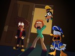 anthro clothing female footwear group male open_mouth shocked walk-in galaxy_cowboy disney family_guy kingdom_hearts square_enix donald_duck goofy_(disney) lois_griffin sora_(kingdom_hearts) anatid anseriform avian bird canid canine duck human mammal 2023 crossover hi_res