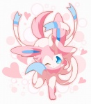 ambiguous_gender big_ears blue_eyes blush daww feral fur heart_symbol looking_at_viewer one_eye_closed paws pink_body pink_fur pink_paws ribbons solo walking white_body white_fur wink nell_two nintendo pokemon eeveelution generation_6_pokemon pokemon_(species) sylveon