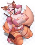 anthro areola belt_pouch big_breasts breasts clothing female fluffy fluffy_tail gesture gun handgun holstered_pistol huge_breasts katana melee_weapon mocking nipple_dip nipples pistol ranged_weapon solo sword tail thick_thighs tongue tongue_out torn_clothing weapon foxgumie marvel gwenpool canid canine fox mammal hi_res