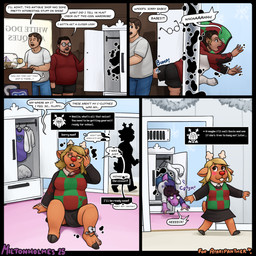 anthro blonde_hair bottomwear breast_growth breasts buckteeth closet clothing dialogue duo female gender_transformation growth hair human_to_anthro identity_death inside male mtf_transformation red_clothing red_nose red_shirt red_topwear ringed_eyes shirt skirt smile species_transformation teeth text topwear transformation white_clothing white_shirt white_topwear miltonholmes deltarune undertale_(series) milton_(miltonholmes) noelle_holiday ray_(ataripanther) susie_(deltarune) deer human mammal scalie 2025 comic digital_media_(artwork) english_text hi_res