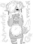 anthro apron clothed clothing crossdressing hair hair_over_eye maid_headdress maid_uniform male one_eye_obstructed plushie solo text uniform mkz_kabeuchi lifewonders tokyo_afterschool_summoners yoshito_(tas) canid canine canis domestic_dog mammal 3:4 hi_res japanese_text monochrome