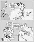 2017 anthro beverage bulletproof_vest camel camelid canid canine cash_register clothed clothing coffee comic container cup dialogue dipstick_ears disney ear_markings english_text female fox judy_hopps lagomorph leporid male mammal monochrome multicolored_ears necktie nick_wilde police police_uniform rabbit red_fox rockbottomfeeder sitting speech_bubble teeth text true_fox uniform zootopia