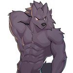 abs anthro black_body black_fur black_nose fur male muscular muscular_anthro muscular_male nude nude_anthro nude_male pecs red_eyes simple_background solo white_background jrjresq i_think_i_like_you leon_(i_think_i_like_you) canid canine canis mammal wolf 1:1 hi_res