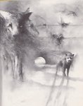 1976 20th_century abstract_art ambiguous_gender ancient_art bared_teeth black_and_white canid canine canis creepy feral fog ghostly greyscale group growling hi_res mammal monochrome moon shadow size_difference stephen_gammell surreal teeth traditional_media_(artwork) wolf
