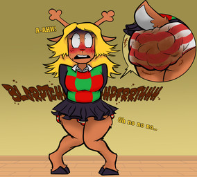 accident anthro antlers blonde_hair blush bottomwear classroom clothing embarrased_female feces feces_on_body feces_on_butt female hair hooves horn humiliation onomatopoeia panties pattern_bottomwear pattern_clothing pattern_panties pattern_underwear pooped pooping public public_accident public_humiliation public_soiling schocked school skirt soiled soiled_panties soiling soiling_panties solo sound_effects striped_bottomwear striped_clothing striped_panties striped_underwear stripes text underwear graveyardgoat deltarune undertale_(series) noelle_holiday deer mammal new_world_deer reindeer english_text