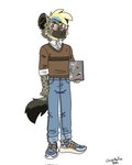 anthro boots bottomwear brown_eyes clothing computer denim denim_bottomwear denim_clothing ear_piercing electronics eyewear footwear glasses holding_laptop holding_object jeans laptop looking_forward male nerd pants piercing round_glasses shirt shoes solo tail topwear bartek22 alex_the_yeen hyena mammal hi_res