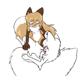 anthro blush bodily_fluids brown_body brown_fur duo female female/female fluffy fluffy_tail fur genital_fluids green_eyes mouth_closed open_mouth sex tail tribadism vaginal vaginal_fluids white_body white_fur conditional_dnp gender_stupid averi_(fiddleafox) canid canine fox mammal