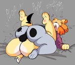 animal_crossing anthro anthro_on_anthro balls big_butt bottomless butt canid canine canis clothed clothing domestic_dog dorky_(lewd_dorky) duo english_text female female_penetrated from_front_position genitals grabbing_sheets grey_body hair heart_symbol hi_res isabelle_(animal_crossing) lewd_dorky lying male male/female male_penetrating male_penetrating_female mammal mating_press nintendo on_back onomatopoeia open_mouth orange_hair penetration sex shih_tzu sound_effects text tongue tongue_out toy_dog yellow_body