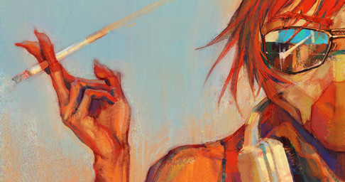 abstract_background anthro cigarette electronics eyewear hair headphones headphones_around_neck male multicolored_body red_hair reflection smoking solo sunglasses two_tone_body catheadyy goodbye_volcano_high ko_op_(game_developer) reed_(gvh) dinosaur dromaeosaurid prehistoric_species reptile saurischian scalie theropod velociraptor 256:135 absurd_res digital_media_(artwork) digital_painting_(artwork) hi_res painting_(artwork)