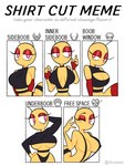 anthro big_breasts bikini breasts cleavage clothed clothing female heart_eyes heart_symbol non-mammal_breasts one-piece_swimsuit pupils sling_bikini solo swimwear text two-piece_swimsuit unusual_pupils wide_hips yellow_body idolomantises shirt_cut_meme honey_(idolomantises) arthropod bee hymenopteran insect digital_media_(artwork) english_text hi_res meme