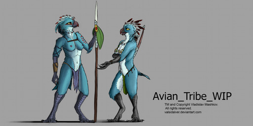 3_toes 4_fingers arrow_(weapon) avian_feet beak biped black_beak black_bottomwear black_clothing blue_body blue_feathers bottomwear bow_(weapon) breasts claws clothed clothing dialogue duo feathers feet female fingers green_bottomwear green_clothing green_sclera grey_background holding_object holding_weapon jewelry loincloth looking_up melee_weapon necklace nipples non-mammal_breasts open_mouth open_smile pink_nipples pink_tongue polearm quiver_(object) ranged_weapon red_body red_feathers simple_background small_breasts smile spear standing talons tattoo text toe_claws toes tongue topless tribal tribal_tattoo weapon white_body white_feathers falcrus chucklefish starbound avian avian_(starbound) 2015 digital_media_(artwork) english_text hi_res unfinished url