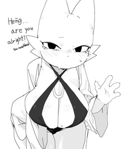 anthro bent_over big_breasts blush bodily_fluids breasts claws clothing crossgender dialogue female looking_at_viewer mtf_crossgender one-piece_swimsuit robe solo sweat swimwear text thick_thighs meckmeck00124 nine_sols red_candle_games yi_(nine_sols) alien felid feline mammal solarian absurd_res english_text hi_res line_art monochrome