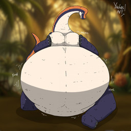 anthro belly big_belly blue_arms blue_legs breast_play breasts female forest huge_belly jungle long_neck overweight overweight_anthro overweight_female plant sloshing_belly solo tree walking white_belly white_breasts yauhasart brachiosaurid brachiosaurus dinosaur macronarian prehistoric_species reptile saurischian sauropod sauropodomorph scalie 1:1 2026 flat_colors hi_res watermark
