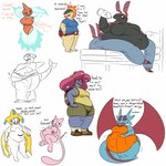 1:1 aliasing anthro backpack barefoot bed belly big_belly big_breasts black_body blue_body blue_clothing blue_eyes blue_shirt blue_topwear bottle bottomwear breasts brown_bottomwear brown_clothing brown_shorts clothed clothing container cyndaquil deep_navel denim denim_bottomwear denim_clothing dialogue digital_media_(artwork) english_text eyes_closed featureless_breasts feet female fire footwear furniture garchomp generation_1_pokemon generation_2_pokemon generation_3_pokemon generation_4_pokemon generation_5_pokemon group hands_on_hips hi_res holding_bottle holding_container holding_object huge_belly huge_thighs jeans jirachi legendary_pokemon levitation medium_breasts mew_(pokemon) morbidly_obese morbidly_obese_anthro morbidly_obese_female multiple_images navel nintendo obese obese_anthro obese_female on_bed overweight overweight_anthro overweight_female pants pants_only pink_eyes pokemon pokemon_(species) red_bottomwear red_clothing red_shorts rotom salamence scolipede shirt shoes shorts sitting sitting_on_bed sketch_page socks soda_bottle standing tail tan_body text thatoneaceguy thick_thighs topless topwear vileplume weight_gain white_body wide_hips wings yellow_clothing yellow_sclera yellow_shirt yellow_topwear