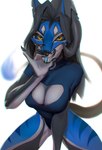 anthro black_collar black_hair black_horn black_sclera blue_body blue_clothing blue_eyes blue_tongue blue_topwear clothed clothing collar cunnilingus_gesture fangs female front_view gesture glistening glistening_eyes hair horn looking_at_viewer orange_eyes simple_background solo striped_legs suggestive suggestive_gesture tail tail_tuft teeth tongue tongue_out topwear tuft unsigned white_background shermugi sketch_(thelonelyomega) canid canine demon fox hybrid mammal 2020 hi_res portrait three-quarter_portrait