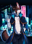 anthro belly_tattoo blue_eyes brown_body brown_fur brown_hair city city_background city_skyline cityscape cloak clothed clothing collar cybernetic_arm cybernetic_eye cybernetic_limb cybernetics cyberpunk ear_piercing fluffy fluffy_chest fluffy_ears fluffy_tail footprint fur glowing glowing_eyes hair looking_at_viewer machine male markings mechanical_arm ocular_prosthetic pawprint pawprint_(marking) pawprint_tattoo piercing police police_uniform prosthetic security simple_background solo tail tattoo text uniform ariverofstars aura_(aurathedanishhusky) canid canine canis domestic_dog husky mammal nordic_sled_dog spitz digital_media_(artwork) english_text hi_res watermark