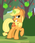 apple blonde_hair clothing cowboy_hat cutie_mark female feral food freckles fruit glowing green_eyes hair hat headgear headwear horn magic outside plant quadruped shrub smile solo sparkles tail tree wood veggie55 friendship_is_magic hasbro my_little_pony mythology applejack_(mlp) equid equine mammal mythological_creature mythological_equine unicorn 5:6 hi_res