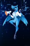 abstract_background anthro beak blue_body blue_feathers chest_tuft clothing feathered_wings feathers female holding_megaphone hoodie megaphone open_mouth solo topwear tuft twitter_logo wings tomatocoup twitter tweetfur avian 2019 hi_res meme