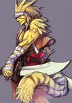 animal_ears anthro armband blonde_hair fur green_eyes hair holding_object holding_weapon male markings muscular muscular_male side_view sleeveless_shirt solo striped_markings stripes weapon yellow_body yellow_fur toshinohaya breath_of_fire capcom rei_(breath_of_fire) animal_humanoid felid felid_humanoid feline feline_humanoid humanoid mammal mammal_humanoid