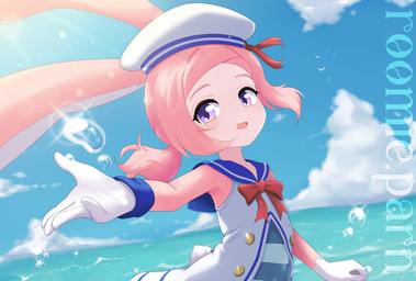 button_dress clothing cloud dress droplets fema female fur hair hat headgear headwear long_ears open_mouth pattern_clothing pattern_dress pink_body pink_fur pink_hair purple_eyes rabbit_ears reaching_towards_viewer red_ribbon sailor_cap sailor_collar sailor_uniform scut_tail sea short_tail sky sleeveless_clothing smile solo striped_clothing striped_dress stripes tail text uniform water white_clothing white_dress wristband roomie.parn 12tails animal_humanoid humanoid lagomorph lagomorph_humanoid mammal mammal_humanoid absurd_res artist_name half-length_portrait hi_res portrait watermark