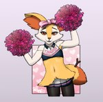 2022 accessory anthro bottomwear bow_(feature) bow_accessory bow_ribbon brai-brai_(fulconarts) braixen breasts centered_hair_bow cheek_tuft cheerleader clothing digital_media_(artwork) facial_tuft female fluffy front_view fulconarts generation_6_pokemon hair_accessory hair_bow hair_ribbon heart_eyes heart_pupils heart_symbol hi_res looking_at_viewer neck_tuft nintendo pokemon pokemon_(species) pom_poms ribbons short simple_background skirt slim small_breasts smile smiling_at_viewer solo tuft uniform young young_anthro young_female