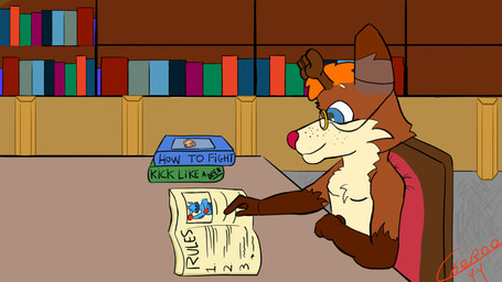 anthro clothed clothing detailed_background eyewear inside library male male_anthro monocle nerd reading solo studying topless topless_anthro topless_male cherno_the_deer cherno deer mammal 16:9 hi_res widescreen