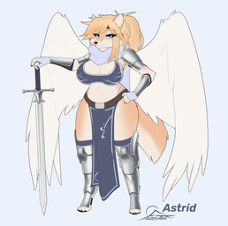 anthro armor belt belt_buckle big_breasts blonde_hair blue_eyes bottomwear bra breasts buckle clothing female fur gloves greatsword hair hand_on_hip handwear loincloth looking_at_viewer melee_weapon navel orange_body orange_fur scarf smile solo standing sword thong underwear weapon white_body white_fur wings fuzzikayu european_mythology mythology norse_mythology scandinavian_mythology astrid_(fuzzikayu) canid canine canis mammal valkyrie wolf absurd_res hi_res portrait