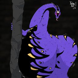 anthro apode belly big_belly black_background black_stripes butt holding_object huge_belly legless looking_at_viewer male overweight purple_arms purple_body purple_butt red_eyes rumbling_stomach serpentine simple_background solo stripes text yauhasart lego ninjago pythor_(ninjago) draconcopode naga reptile scalie snake 1:1 2026 english_text flat_colors hi_res watermark