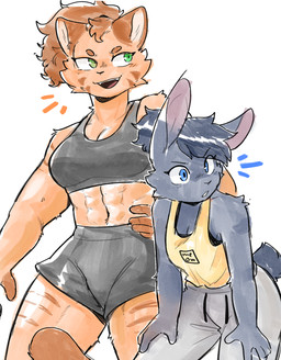 abs alternate_species anthro athletic athletic_anthro athletic_female athletic_wear blue_eyes blue_hair blue_tail bottomwear bra breasts brown_eyebrows brown_hair circle_eyebrows cleavage clothed clothed_anthro clothed_female clothing drawstring_bottomwear drawstring_pants drawstring_sweatpants duo emanata eye_through_hair eyebrows female female_anthro fingers front_view fur green_eyes grey_bottomwear grey_bra grey_clothing grey_pants grey_shorts grey_sports_bra grey_sweatpants grey_topwear grey_underwear hair hand_on_hip long_ears midriff muscular muscular_anthro muscular_female navel open_mouth open_smile orange_body orange_fur pants ponytail scut_tail shirt short_tail shorts simple_background size_difference sleeveless_shirt smile sports_bra sweatpants tail tan_body tan_fur thick_thighs tied_hair topwear translucent translucent_hair underwear white_background white_sclera yellow_clothing yellow_shirt yellow_topwear conditional_dnp sonokido ventura_city_drifters alina_scratch emily_lang domestic_cat felid feline felis lagomorph leporid mammal rabbit 2024 digital_media_(artwork) english_description hi_res