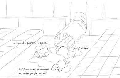 ambiguous_feral ambiguous_gender animal_noises baby_talk chirping dialogue disgust eyes_closed featureless_crotch featureless_feet featureless_hands feces feet feral fur group lying neonate on_front open_mouth pipe quadruped tail text trio young young_ambiguous young_feral carpdime fluffy_pony fluffy_pony_(species) mammal digital_media_(artwork) english_text monochrome