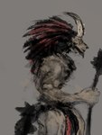 anthro big_penis bottomwear clothing genitals hair horn loincloth looking_away magic_user male mostly_nude penis penis_poking_out red_hair shaman solo staff tail tribal_spellcaster wholle ambiguous_species 2024 3:4 hi_res sketch