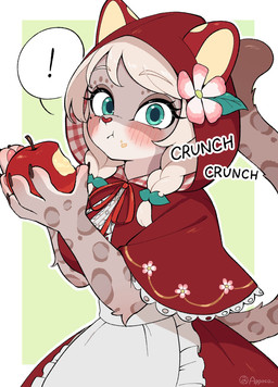 anthro apple biped bite_mark black_claws black_text blush braided_hair chewing claws clothed clothed_anthro clothed_female clothing dress eating eating_apple eating_food eating_fruit exclamation_point eyebrows eyelashes female floral_pattern flower_accessory food food_on_face fruit green_eyes green_hair_tie hair heart_nose heart_symbol holding_apple holding_food holding_fruit holding_object long_eyelashes long_tail looking_at_viewer onomatopoeia pawpads pink_blush pink_pawpads plaid plant pose red_clothing red_dress red_hood red_nose red_ribbon simple_background solo sound_effects speech_bubble stem surprised tail text white_eyebrows white_hair appoco fairy_tales little_red_riding_hood_(copyright) pomchet_(appoco) felid mammal pantherine snow_leopard 2026 colored digital_drawing_(artwork) digital_media_(artwork) english_text hi_res signature