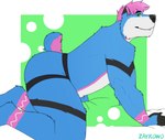 anatomy anthro black_body black_fur black_markings blue_body blue_fur clothing countershade_torso countershading fur green_background green_eyes jockstrap male markings multicolored_body multicolored_fur pink_body pink_fur pink_markings practice simple_background smile solo underwear white_background white_body white_countershading white_fur zaykowo bear mammal