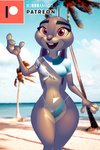 2:3 anthro beach bikini borotamago breasts clothing disney english_text female fur grey_body grey_fur hi_res judy_hopps lagomorph leporid mammal outside patreon patreon_logo patreon_username rabbit seaside solo swimwear text thick_thighs torn_clothing two-piece_swimsuit wide_hipped_female wide_hips zootopia