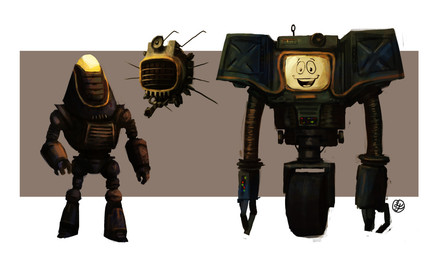 abstract_background ambiguous_gender blue_body cathode_ray_tube floating grate group looking_at_viewer machine metallic_body new_vegas not_furry simple_background standing tire trio wheel leona-florianova fallout microsoft ed-e_(fallout) fisto_(fallout) yes_man_(fallout) eyebot_(fallout) humanoid protectron_(fallout) robot securitron_(fallout) english_description