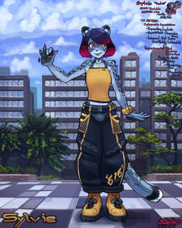 anthro biped bottomwear building bulge clothing cloud gender_symbol gesture gradient_hair gynomorph hair intersex looking_at_viewer outside pants plant pronouns short_hair sky solo spots symbol text tree waving waving_at_viewer snao sylvie_(snao) felid mammal pantherine snow_leopard 2024 dated english_text model_sheet signature