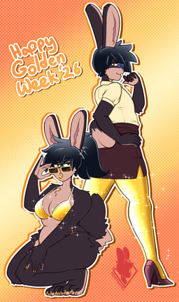 anthro bikini black_body black_fur black_hair blue_eyewear blue_glasses bottomwear breasts clothing crossdressing_male crouching duo eyewear female footwear fur glasses gold_bikini hair high_heels legwear male pantyhose shoes simple_background skirt slightly_chubby smile standing swimwear tail text two-piece_swimsuit yellow_clothing yellow_eyewear yellow_glasses yellow_legwear yellow_pantyhose kdhynamo golden_week kay_(kdhynamo) lagomorph leporid mammal rabbit 2026 english_text hi_res