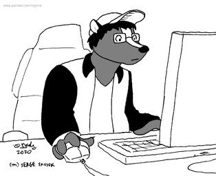 anthro clothed clothing computer electronics eyewear fur glasses hair hat headgear headwear male solo tegerio serge_skunk mammal mephitid skunk 2020 greyscale monochrome