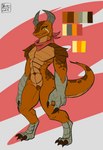 anthro bedroom_eyes color_swatch female genitals kerchief logo narrowed_eyes orange_body pussy red_kerchief scarf seductive simple_background tail text scalesindark fallout microsoft rho-tau-47_(ryva_hellfyre) deathclaw scalie 2023 artist_logo digital_media_(artwork) hi_res model_sheet