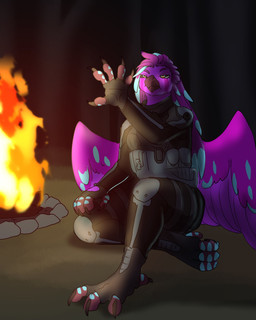 anthro armor avian_feet beak black_sclera bottomwear breasts campfire claws clothed clothing feather_markings feathers feet female fire hair holding_out_hand lidded_eyes long_hair markings non-mammal_breasts purple_body purple_feathers scutes sitting solo spread_wings tactical_gear talon_hands talons toe_claws toes unimpressed wings ketzel99 european_mythology greek_mythology mythology ruriko_(saintessofflame) avian bird mythological_avian mythological_bird mythological_creature mythological_firebird phoenix hi_res