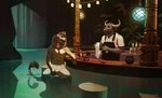 anthro bar bartender biped black_body black_fur cave clothed clothing duo fur grotto horn lights male mane orange_body orange_fur partially_submerged swimming_trunks swimwear tail tail_tuft topless topless_anthro topless_male tuft uniform water trunorth lakota_lander bovid bovine cattle felid lion mammal pantherine hi_res unfinished