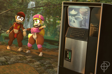 4_toes 5_fingers anthro baseball_cap big_breasts blonde_hair bottom_heavy bottomless bottomless_anthro bottomless_female breasts brown_body brown_eyes brown_fur bulge clothed clothing coffee_machine crop_top curvy_figure detailed_background duo ear_piercing ear_ring feet female femboy fingers forest fur genitals green_eyes hair hat headgear headwear huge_hips huge_thighs jungle light_body light_fur long_hair male multicolored_body multicolored_fur open_mouth open_smile outside piercing plant red_clothing red_crop_top red_shirt red_thong red_topwear red_underwear ring_piercing shirt shortstack skimpy smile thick_thighs thong tied_shirt toes topwear tree two_tone_body two_tone_fur underwear voluptuous voluptuous_anthro voluptuous_female vulva wide_hipped_anthro wide_hipped_female wide_hipped_male wide_hips ordinary_pictures kabalmystic_(modeler) bust_energy_drink donkey_kong_(series) nintendo scp_foundation diddy_kong dixie_kong scp-294 haplorhine kong mammal monkey primate 2025 3d_(artwork) digital_media_(artwork) hi_res source_filmmaker_(artwork) watermark