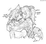 anthro bodily_fluids clothing dialogue duo embarrassed female female/female flustered hug jacket kissing_cheek spikes sweat tail text topwear twintails_(hairstyle) burgerdemolish mihoyo zenless_zone_zero burnice_white pulchra_fellini felid feline human leopardus mammal ocelot 2024 english_text hi_res monochrome