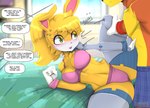 anthro blurred_background blush bra camel_toe clothing dialogue duo eyelashes female gloves hair handwear inside male solo_focus speech_bubble spread_legs spreading text underwear roadiesky archie_comics sega sonic_the_hedgehog_(archie) sonic_the_hedgehog_(comics) sonic_the_hedgehog_(series) antoine_d'coolette bunnie_rabbot lagomorph leporid mammal rabbit 2022 digital_media_(artwork) english_text hi_res