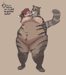 anthro belly belly_chain bone buffet circlet curse ear_piercing ear_ring female fur gluttony navel nipple_piercing nipples obese overweight piercing ring_piercing solo striped_body striped_fur stripes tail text thick_thighs womb_tattoo mangobrewery microsoft the_elder_scrolls lkuita_(normalmoniker) arthropod felid insect khajiit mammal mantis english_text hi_res